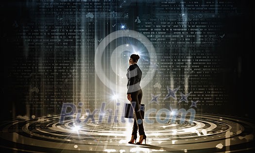 Back view of businesswoman with suitcase in hands looking at virtual panel