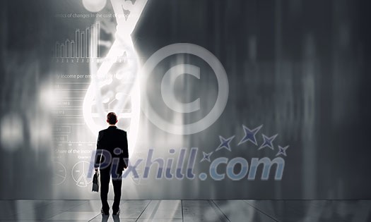 Businessman standing with back and virtual panel with dna spiral