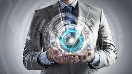 Close up of businessman holding media concept in palms Close up of businessman holding media concept in palms