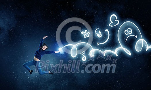 Young girl jumping high in sky and drawing music concept