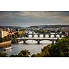 Prague with its splendid bridges over the Vltava river, city sunset panorama, Czech Republic