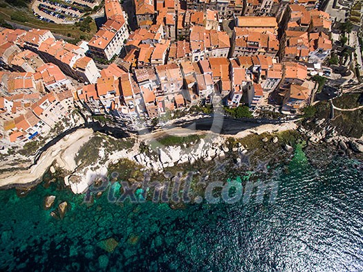 Aerial view of the Old Town of Bonifacio, the limestone cliff, South Coast of Corsica Island, France