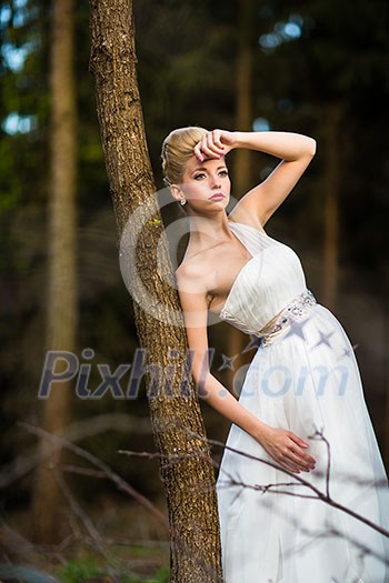 Lovely bride on her wedding day outdoors in a forest (color toned image; shallow DOF) Lovely bride on her wedding day outdoors in a forest (color toned image; shallow DOF)