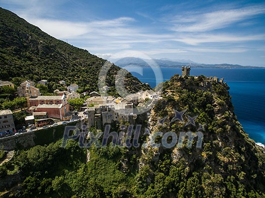 Aerial view of the beautiful village of Nonza, in Cap Corse, Corsica, France