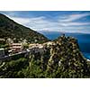 Aerial view of the beautiful village of Nonza, in Cap Corse, Corsica, France