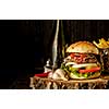 Delicious homemade hamburger with lettuce and cheese. Fried chips and burger on wooden background.