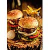Delicious homemade hamburger with lettuce and cheese. Fried chips and burger on wooden background. Shallow depth of field.