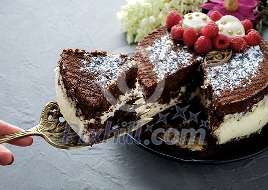 Sliced tasty chocolate raspberry cake on grey background