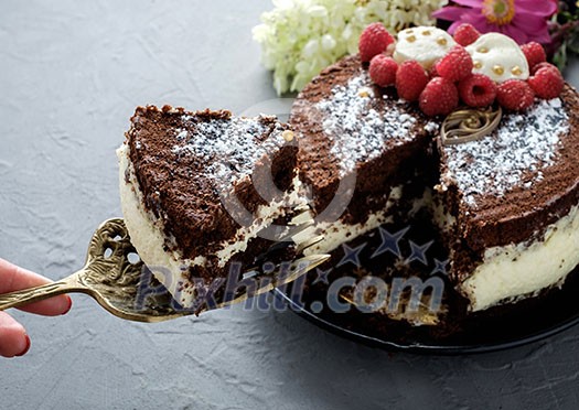 Sliced tasty chocolate raspberry cake on grey background Sliced tasty chocolate raspberry cake on grey background