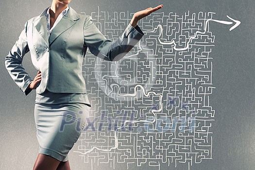 Close up of business woman and sketches at background Close up of business woman and sketches at background