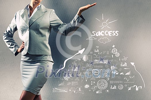 Close up of businesswoman and sketches at background Close up of businesswoman and sketches at background