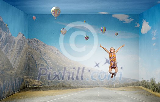 Little cute girl jumping high among balloons flying in sky