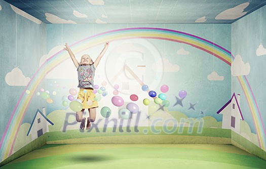 Little cute girl jumping high among balloons flying in sky