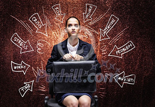 Young upset businesswoman sitting on chair with briefcase in hands