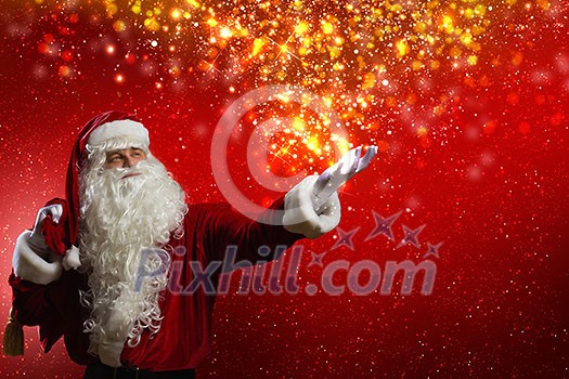 Santa Claus with gift bag behind shoulders