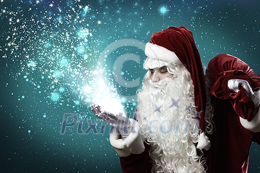 Santa Claus with gift bag behind shoulders Santa Claus with gift bag behind shoulders