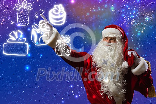 Santa Claus touching icon of media screen