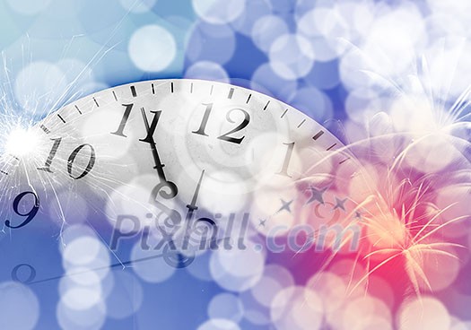 Conceptual image with pocket watch bokeh lights and fireworks
