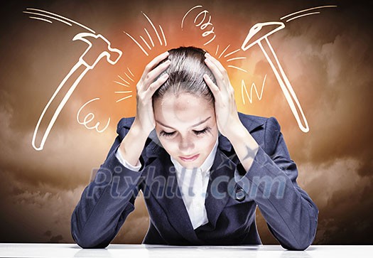 Troubled crying businesswoman with hands on head Troubled crying businesswoman with hands on head