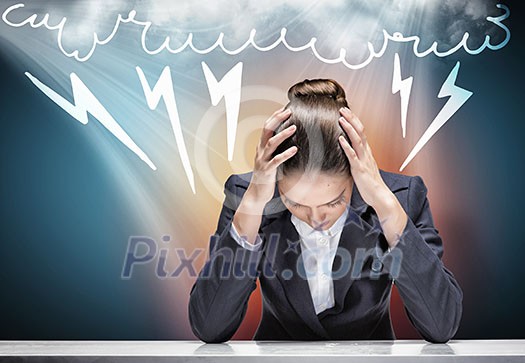 Troubled crying businesswoman with hands on head Troubled crying businesswoman with hands on head