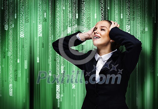 Troubled crying businesswoman with hands on head Troubled crying businesswoman with hands on head