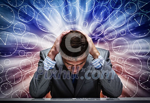Troubled thoughtful businessman with hands on head Troubled thoughtful businessman with hands on head