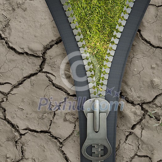 Conceptual image with opened zipper and green grass