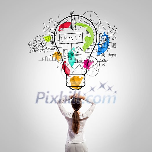 Rear view of businesswoman looking at business strategy sketch Rear view of businesswoman looking at business strategy sketch