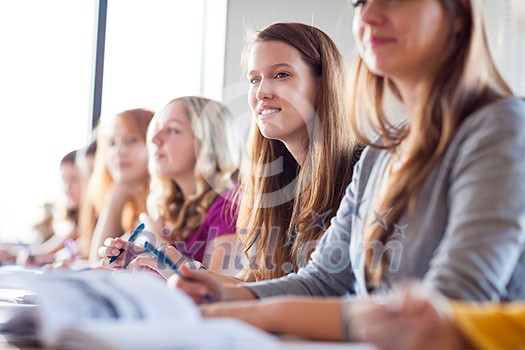 Students in classroom - young pretty female college student sitting in a classroom full of students during class (color toned image; shallow DOF)