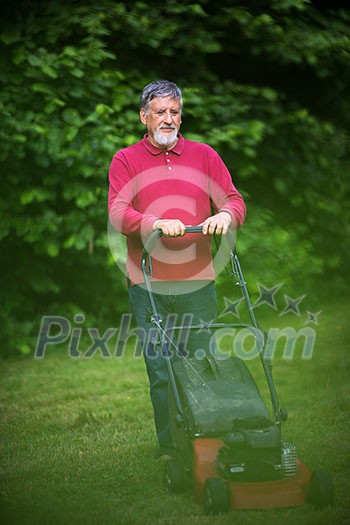 Senior man mowing the lawn in his garden Senior man mowing the lawn in his garden