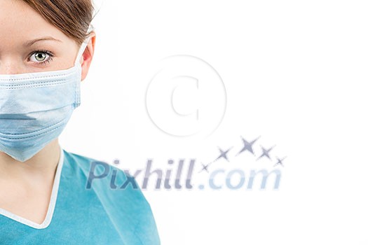 Portrait of a female doctor/surgeon on white background