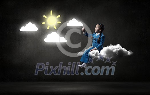 Little cute girl sitting on cloud and pointing with finger