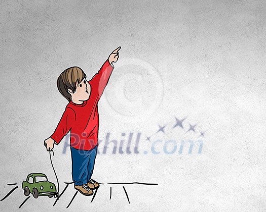 Sketched image of little boy with car pointing with finger Sketched image of little boy with car pointing with finger