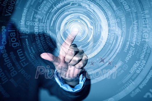 Close up of businessman touching digital screen with finger