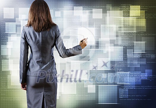 Close up of businesswoman touching media screen with stylus Close up of businesswoman touching media screen with stylus
