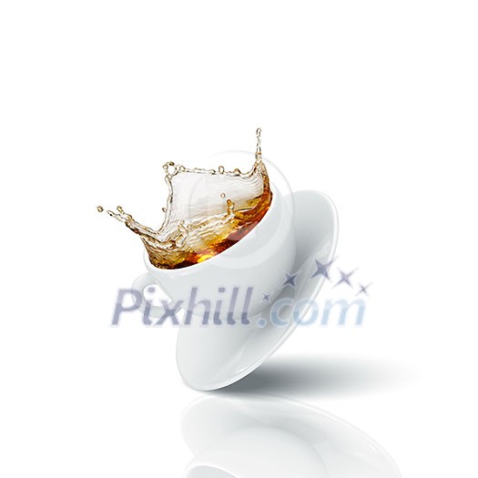 Close up image with falling cup of tea