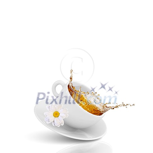 White cup of tea with chamomile flower White cup of tea with chamomile flower