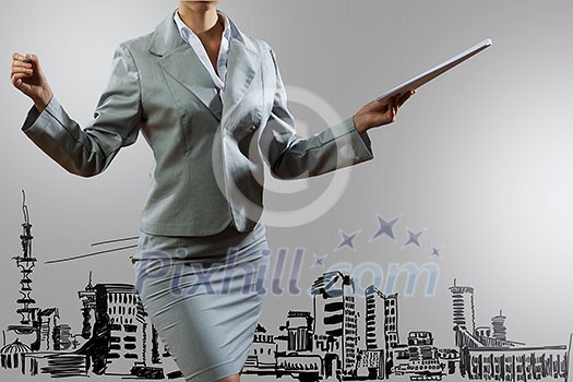 Bottom view of businesswoman drawing business sketches Bottom view of businesswoman drawing business sketches