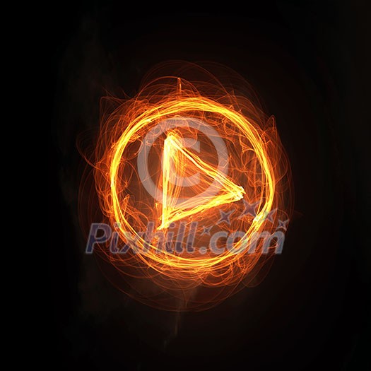Glowing fire play icon on dark background