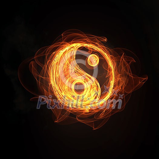 Glowing light Yin Yang sign in fire on dark background Glowing light Yin Yang sign in fire on dark background