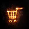 Glowing fire cart sign on dark background