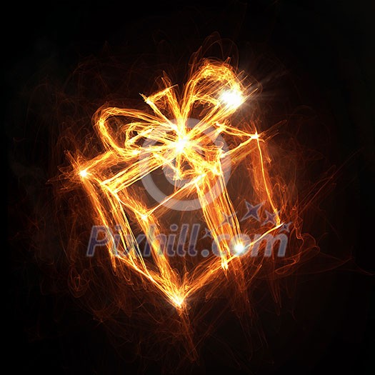 Glowing fire gift box icon on dark background Glowing fire gift box icon on dark background