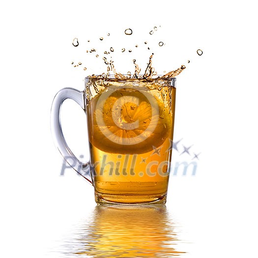 lemon dropped into tea cup with splash and reflection isolated on white lemon dropped into tea cup with splash and reflection isolated on white
