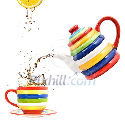 color teapot with cup and lemon isolated on white color teapot with cup and lemon isolated on white