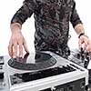 dj playing on dj mixer with isolated on white