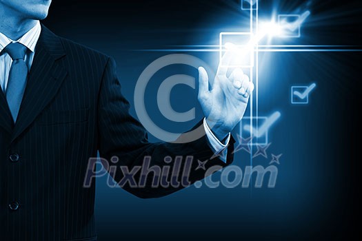 Close up businessman touching ticking icon of media screen