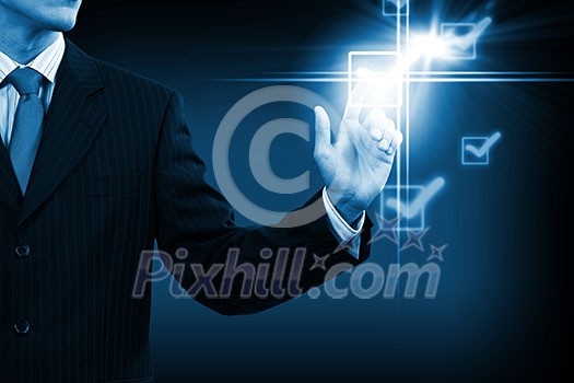 Close up businessman touching ticking icon of media screen Close up businessman touching ticking icon of media screen