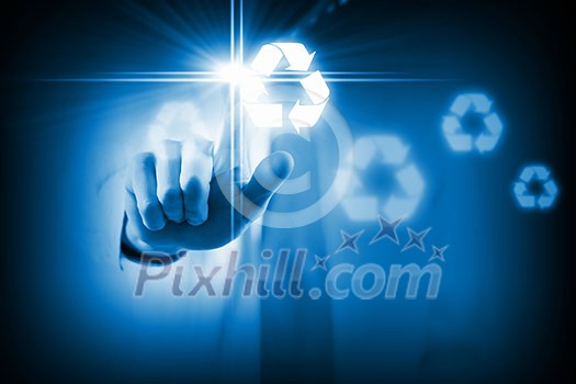 Close up of businessman touching media recycle icon Close up of businessman touching media recycle icon