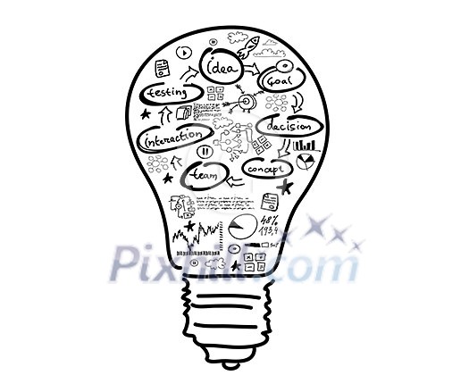 Conceptual image with drawn light bulb and business sketches Conceptual image with drawn light bulb and business sketches