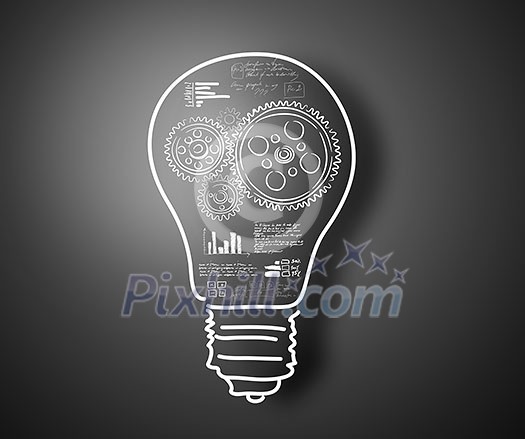 Conceptual image with light bulb and cogwheels on gray backdrop Conceptual image with light bulb and cogwheels on gray backdrop